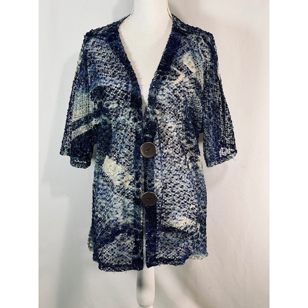 JM Collection Woman Blue White Open Knit Cardigan Metallic Button Front Size 3X